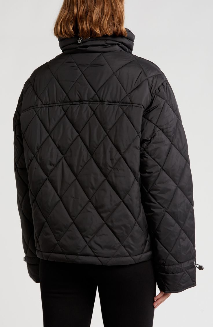 Patch pockets add extra functionality to this quilted jacket made to keep you covered on cooler days. 24" length (size Small) Front zip closure with snap storm placket Stand collar Long sleeves Lined 100% polyester Machine wash, tumble dry Imported Black Quilted Long Sleeve Jacket For Outdoor, Black Quilted Long Sleeve Jacket For Outdoor Activities, Black Quilted Jacket For Outdoor Activities, Black Long Sleeve Quilted Jacket For Outdoor Activities, Quilted Nylon Outerwear For Cold Weather, Casual Outerwear With Diamond Quilting, Black Quilted Outerwear For Outdoor Activities, Black Quilted Puffer Jacket For Outdoor, Black Puffer Quilted Jacket For Outdoor