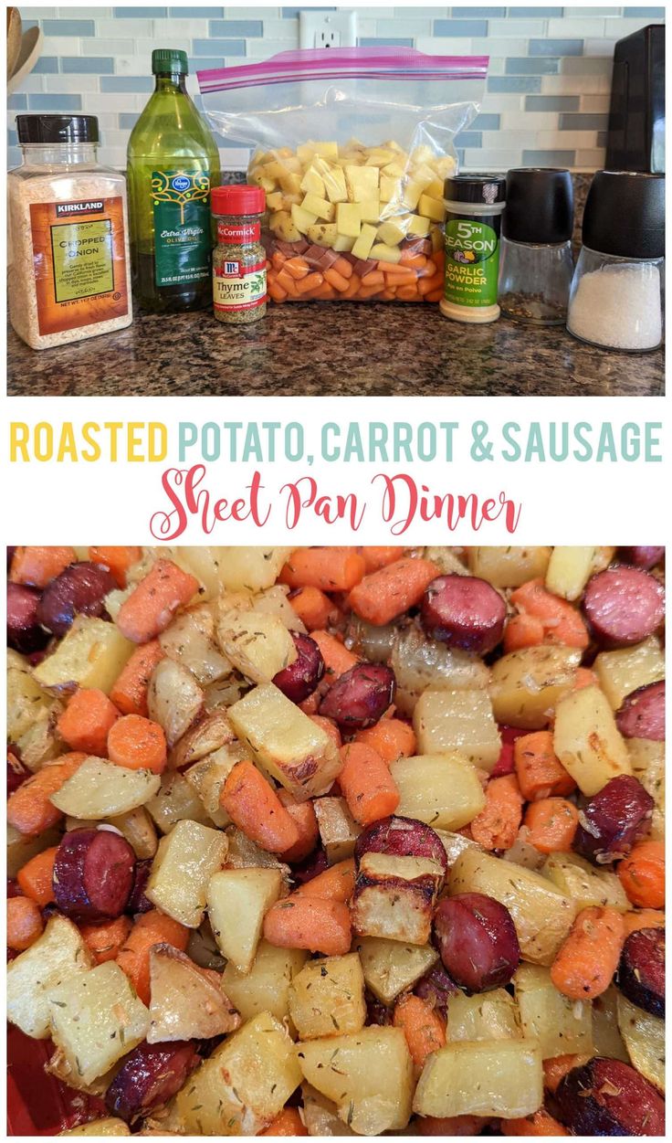 roasted potato, carrot and sausage sheet pan dinner is ready to be eaten in the oven