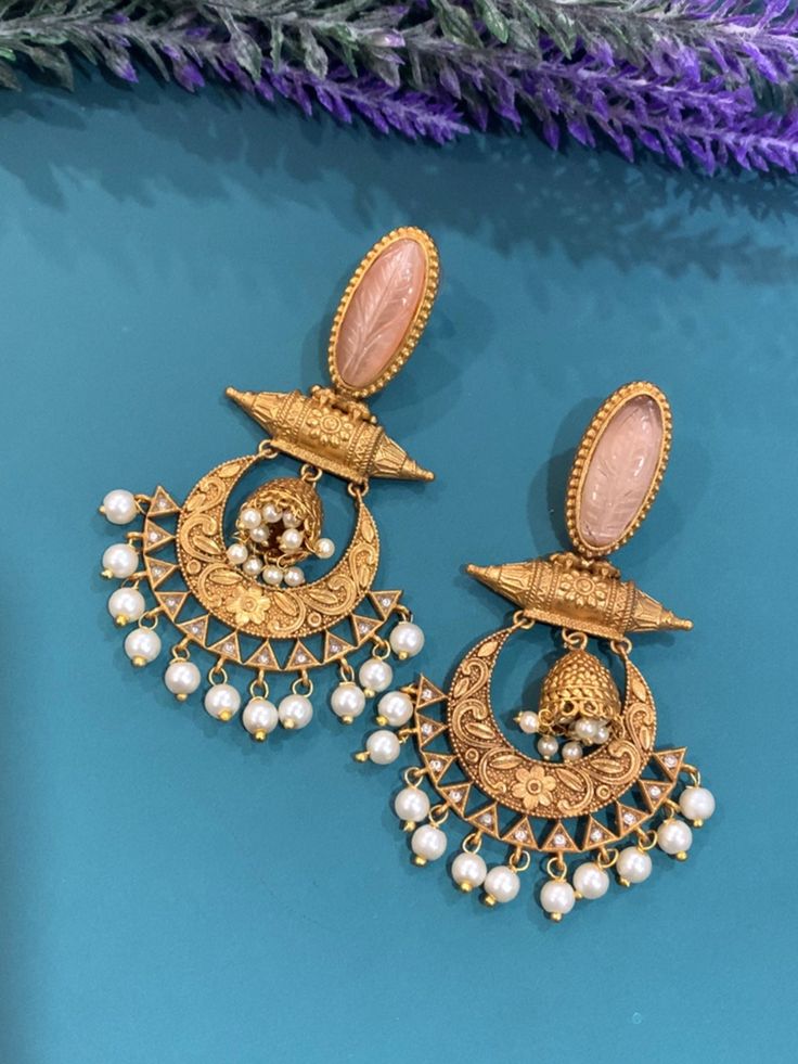 Gold plated amrapali earring. Carved stone and kundan details. about 3 inch long and 2 inch wide . Push back abs very light weight. Carved Stone, Blue Peach, Stone Carving, Powder Blue, Earring Necklace, Shop Earrings, Gold Plate, Plating, Carving