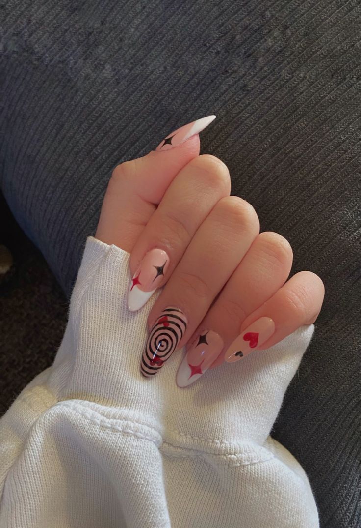 Red Pink Black And White Nails, Red Black French Tip Nails, Retro Inspired Nails, Black White Red Nails, Red Black And White Nails Design, Black Red White Nails, Red And Black Almond Nails, Half French Tip Nails, Black And Red Almond Nails