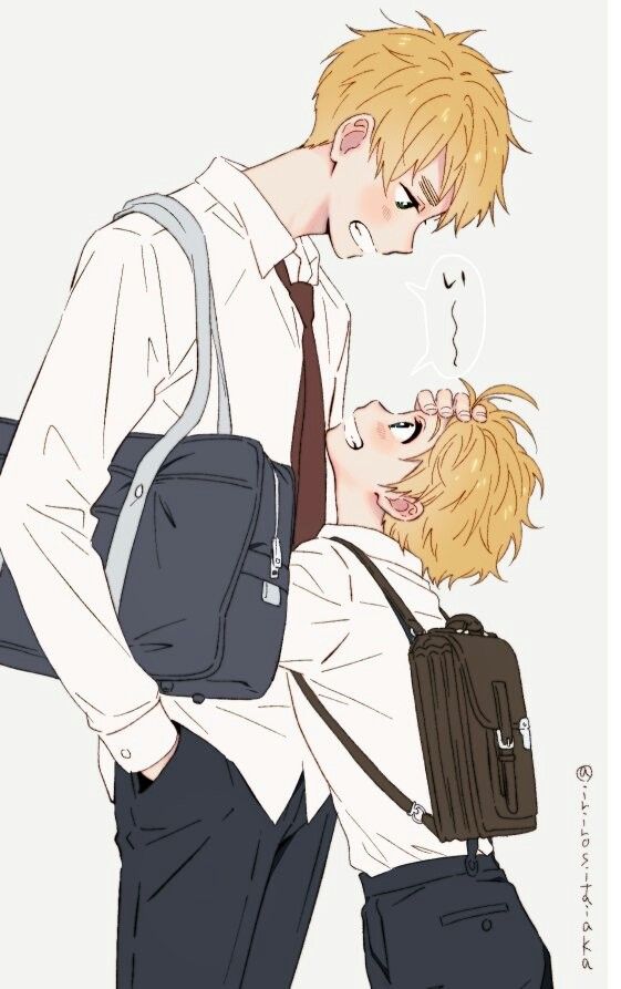 two people with backpacks are kissing and one person is wearing a shirt and tie