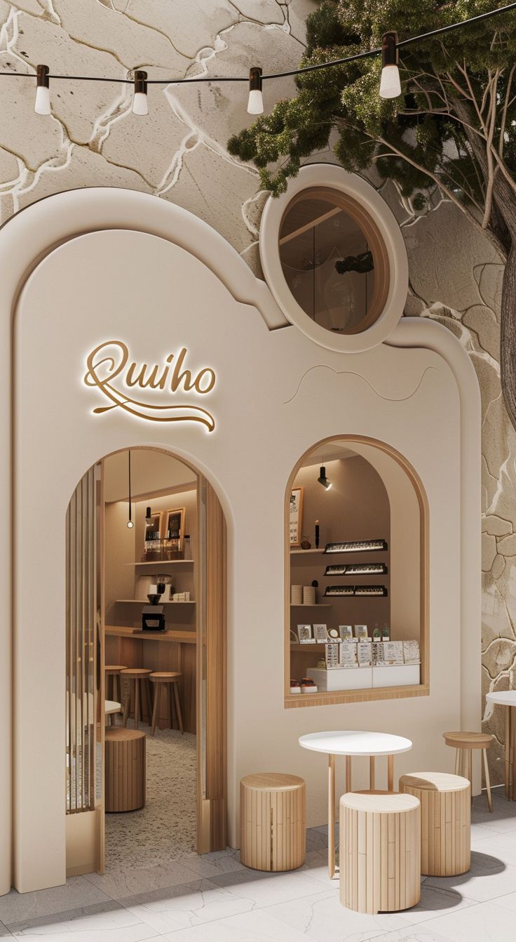 the interior of a store with tables and stools in front of it that says qutho