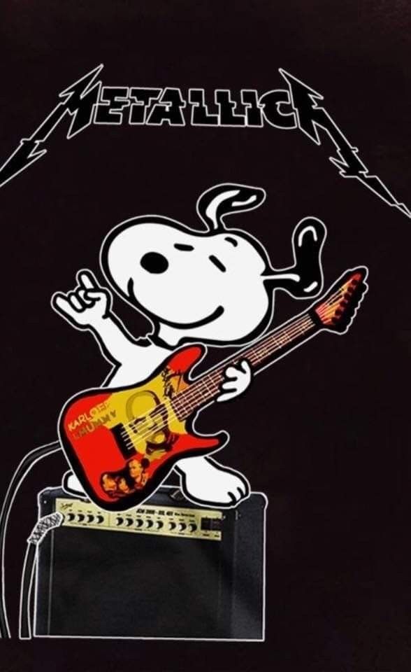 a snoopy playing an electric guitar in front of a black background with the words, `