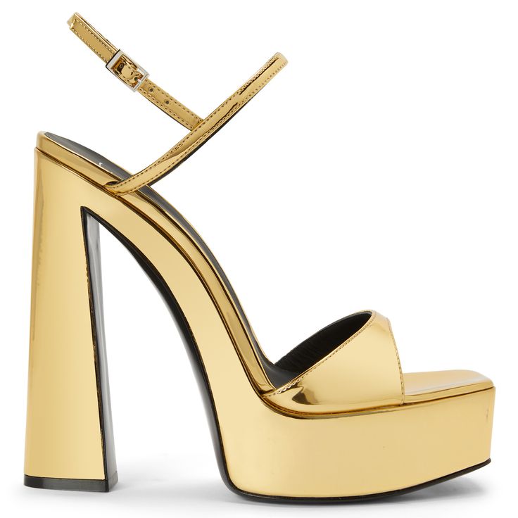 These open-toe sandals, crafted from mirror-effect golden synthetic fabric, feature matching covered chunky heels and platforms and an adjustable thin ankle strap with a side silver buckle. Golden Heels, Open Shoes, Modern Sandals, Shoe Wishlist, Thick Heel, Island Style, Fashion Sandals, Women's Flats, Open Toe Sandals