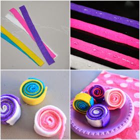 several pictures of different types of rolled up paper flowers and ribbons, including pink, purple, blue, yellow, and green