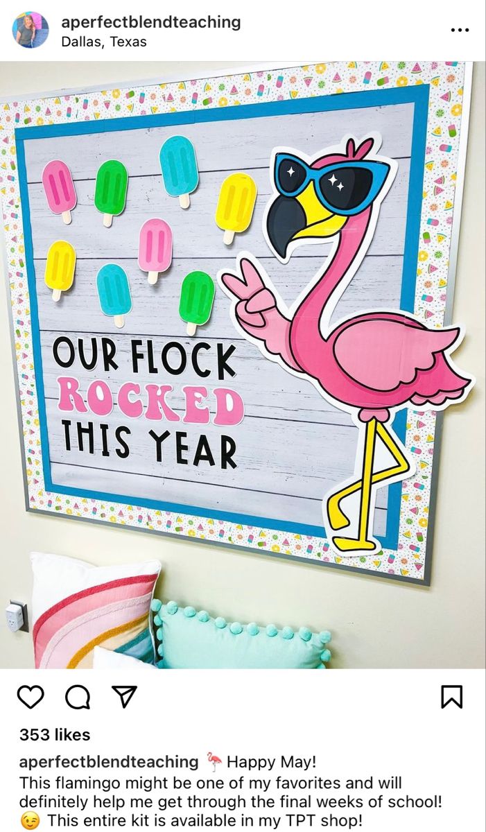 a pink flamingo with sunglasses on it's head standing in front of a sign that says our flock rocked this year