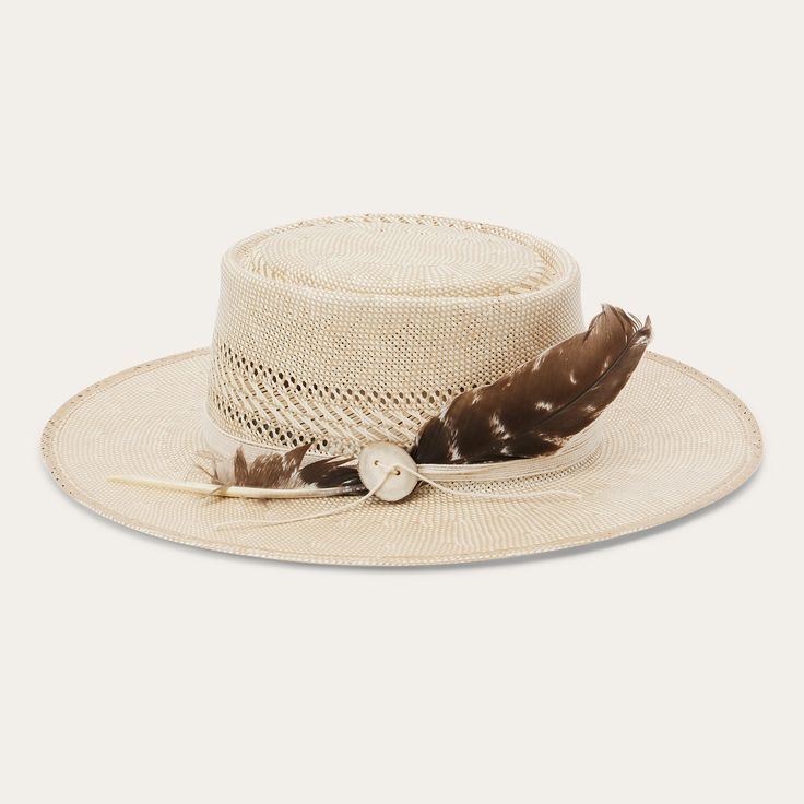 The Batterson Straw Hat is crafted with a firm finish from high-quality 100% Shantung straw. Unique, lightweight and statement-making, it has a 3 1/2” oval gambler crown and a 3” flat brim, complemented by a cotton cord hat band with removable feather detail and a genuine leather sweatband for a time-tested fit and all-day comfort. Handmade in the U.S.A. with the finest construction and materials, our straw hats are made to stand the test of time. 3 1/2" Oval Gambler Crown 3” Flat Brim Cotton Co Country Style Fedora For Kentucky Derby With Flat Crown, Natural Toquilla Straw Hat With Flat Crown, Western Style Boater Hat With Flat Crown For Rodeo, Western Boater Hat For Rodeo With Flat Crown, Western Flat Crown Boater Hat For Rodeo, Adjustable Flat Crown Boater Hat In Toquilla Straw, Western Boater Hat For Kentucky Derby With Flat Crown, Western Style Boater Hat For Kentucky Derby, Country Style Straw Hat With Flat Crown For Beach