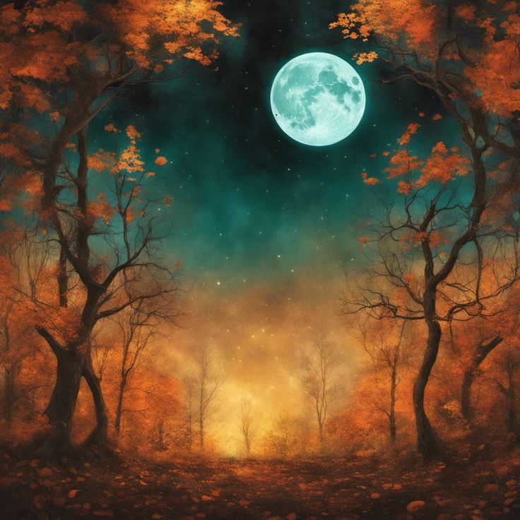 autumn equinox aesthetic with an ethereal glow, depicting a magical forest with a variety of vibrant colors, featuring a detailed illustration of a full moon in the night sky and a variety of autumnal leaves and branches in the foreground, Fall Equinox Aesthetic, Harvest Moon Aesthetic, Autumn Equinox Aesthetic, Mabon Wallpaper, Autumn Equinox Art, Equinox Aesthetic, Autumn Solstice, Shadow Daddy, Fall Moon