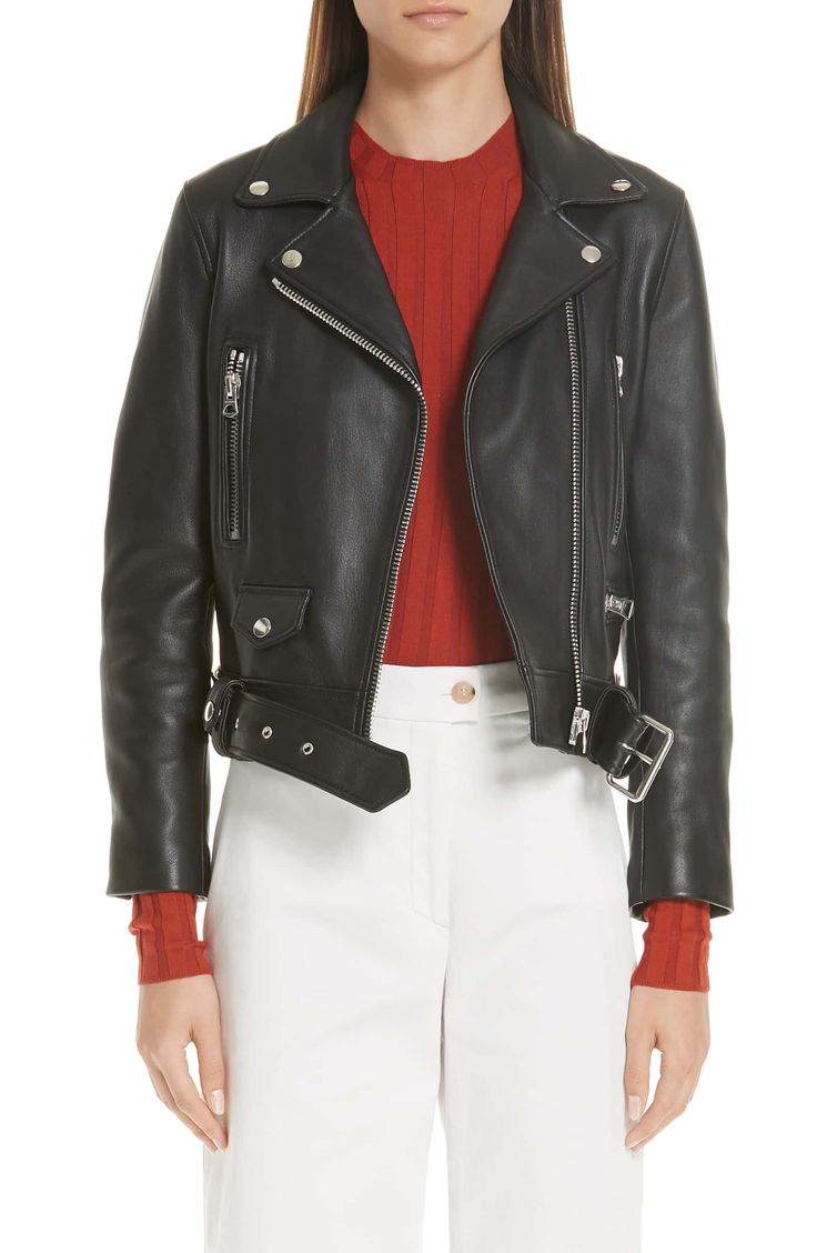 Leather Moto Jacket, Main, color, Black Leather Moto Jacket Womens, Acne Studios Jacket, Celebrities Leather Jacket, Womens Black Leather Jacket, Moto Biker Jacket, Black Leather Biker Jacket, Jacket Outfit, White Shirt Dress, Leather Jacket Black