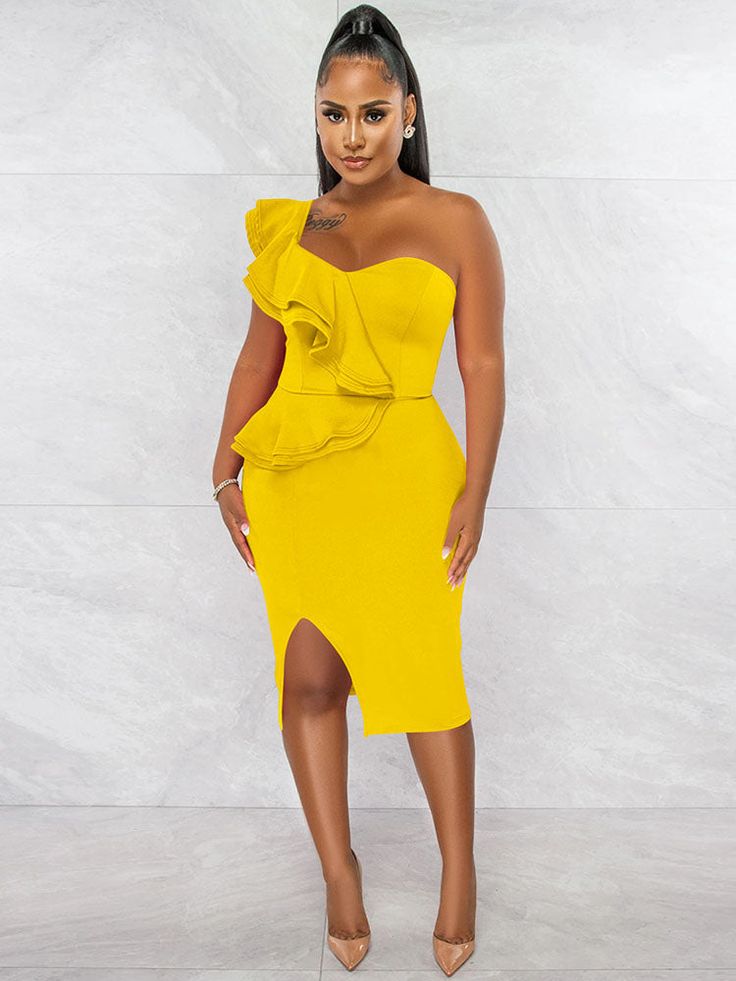 Sleeveless One Shoulder Midi Dresses Formal Wrap Dress, Formal Wrap, Ruched Maxi Dress, One Shoulder Midi Dress, Cascading Ruffles, Yellow Midi Dress, Dress Sleeve Styles, Hip Dress, Bodycon Midi