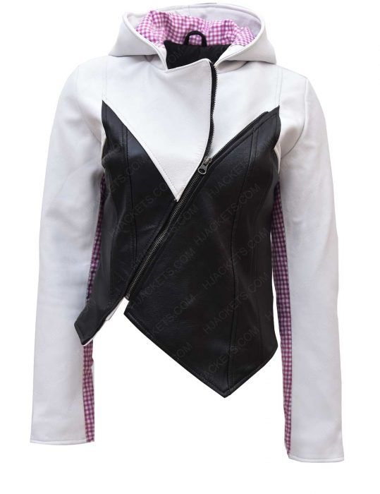 a women's white and black leather jacket with pink trims on the sleeves