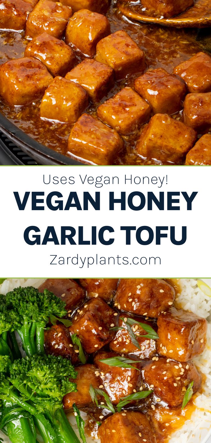 vegan honey garlic tofu with broccoli and rice