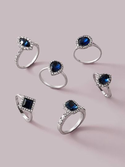 Dark Blue Jewelry, Royal Blue Jewelry, Blue Jewelry Set, Antique Silver Rings, Anime Jewelry, Wedding Ring For Her, Prom Jewelry, Rhinestone Decor, Minimalist Ring