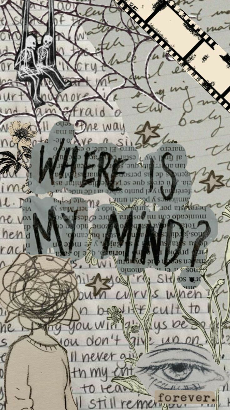 a collage of words and pictures with an eye in the center, where is my mind?