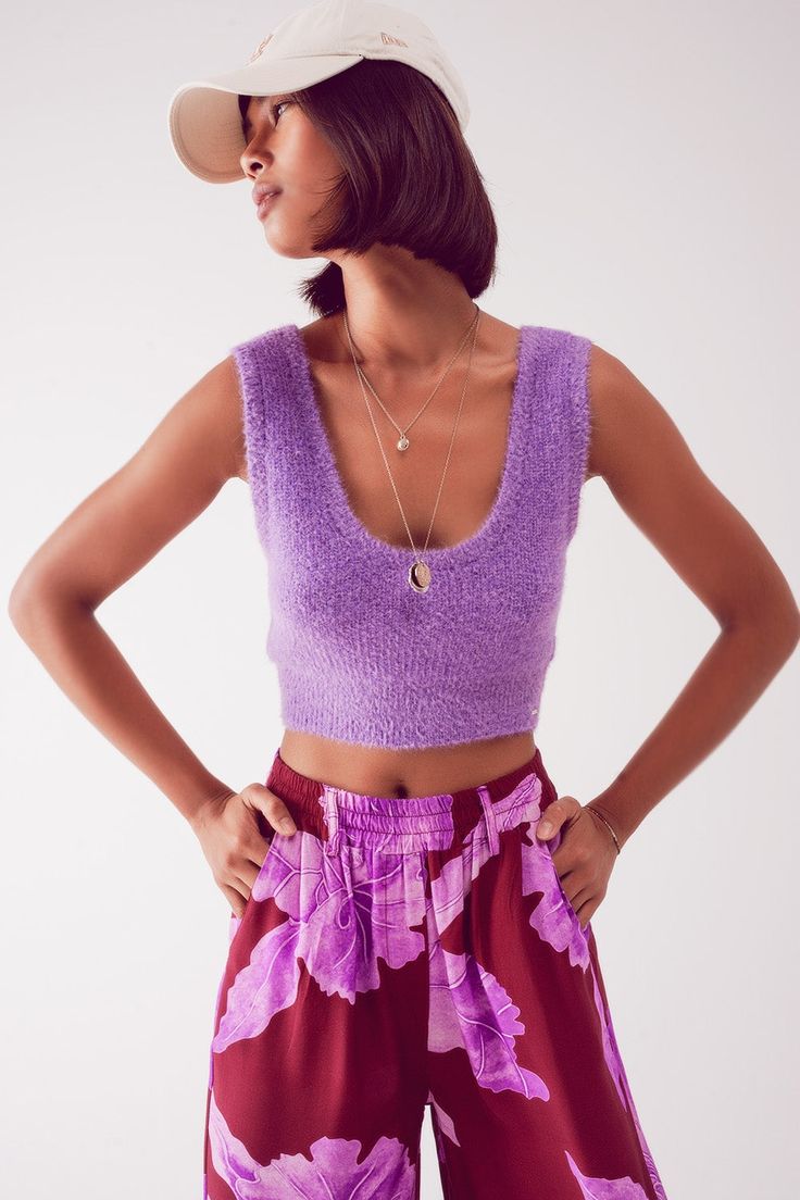 Knitted crop top in purple Szua Store Cropped Purple Tank Top For Spring, Cropped Knit Top, Purple Crop Top Tank For Spring, Purple Sleeveless Crop Top For Summer, Purple Cropped Tank Top For Spring, Trendy Seamless Cropped Knit Top, Chic Knit Tank Crop Top, Knit Scoop Neck Crop Top, Purple Cropped Crop Top For Spring