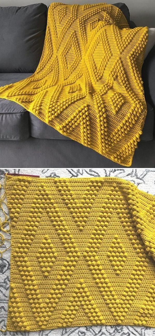 two pictures show the same yellow blanket, one with a diamond pattern and another with a square design