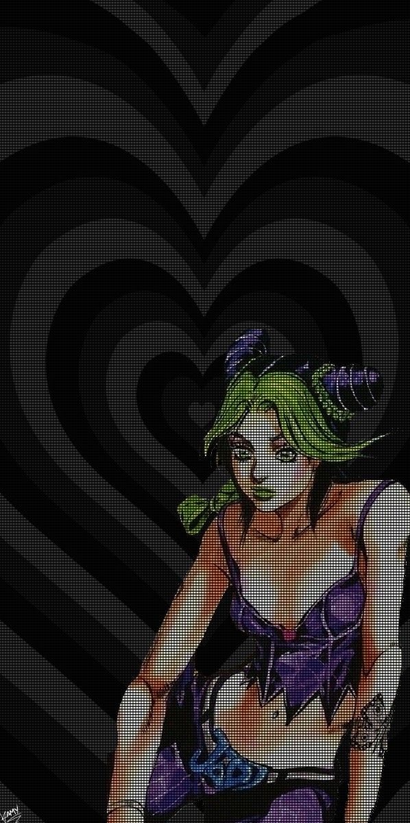 a woman with green hair is sitting on a black and white heart shaped pattern background