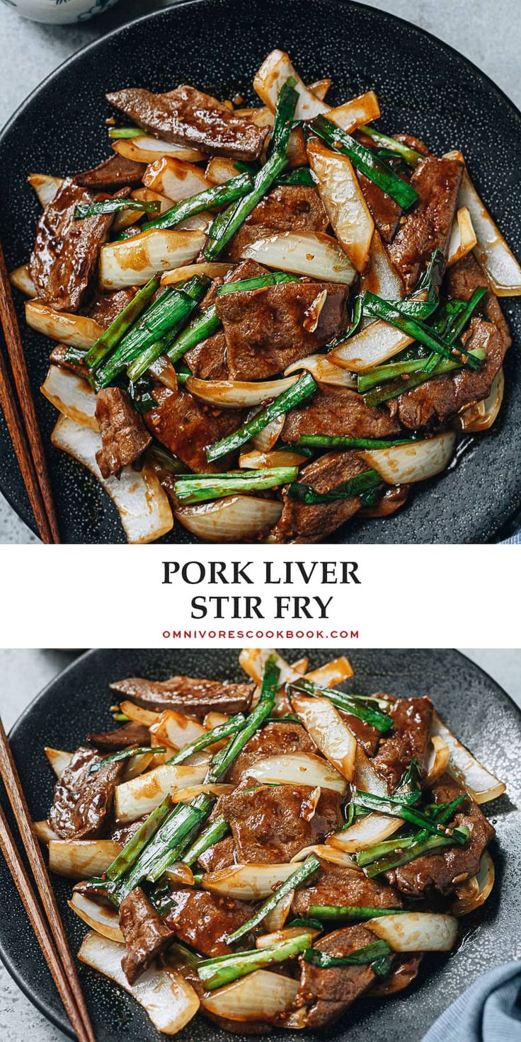 pork liver stir fry with asparagus on a black plate and chopsticks