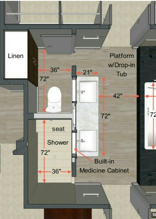 an overhead view of a bathroom with measurements