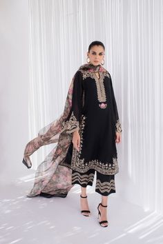 Khaddi Corduroy Embroidered Kurta – Sania Maskatiya International Black Cotton Silk Kurta With Resham Embroidery, Black Cotton Silk Kurta For Eid, Bohemian Cotton Silk Embroidered Salwar Kameez, Black Cotton Silk Kurta For Festivals, Bohemian Embroidered Cotton Silk Salwar Kameez, Elegant Black Cotton Silk Salwar Kameez, Traditional Black Cotton Kurta, Black Cotton Kurta With Traditional Drape, Black Cotton Silk Traditional Wear With Resham Embroidery