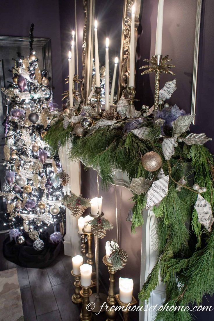 Purple And Gold Christmas Tree Decor Ideas Purple And Gold Christmas Tree, Gold Christmas Tree Decor, Purple Pillar Candles, Gold Christmas Decor Ideas, Christmas Home Tours, Evergreen Garland, Purple Christmas Decorations, Purple Christmas Ornaments, Gold Christmas Decor