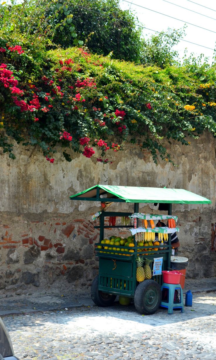 an outdoor fruit stand on the side of a road with flowers growing over it and a stone wall in the background