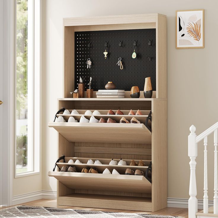 a wooden shoe rack filled with lots of shoes