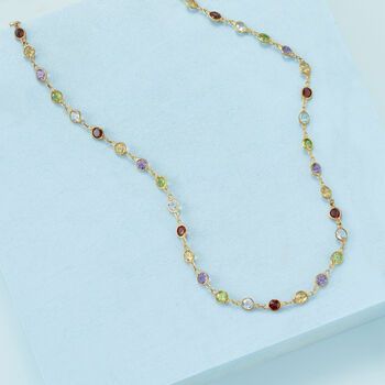 Ross-Simons - 12.30 ct. t. w. Multi-Gem Necklace in 14kt Gold Over Sterling. 20". A cheerful strand of rainbow jewels at a price that may surprise you. This necklace lines up 12.30 ct. tot. gem wt. bezel-set amethyst, citrine, garnet, blue topaz and peridot rounds. Suspends from a cable chain. Lobster clasp, 14kt yellow gold over sterling silver necklace. Gold Multi-stone Fine Jewelry Gemstones, Gold Multi-stone Gemstones In Fine Jewelry Style, Luxury Multicolor Birthstone Jewelry, Natural Gemstones For Anniversary, Gold Gemstones With Bezel Setting In Fine Jewelry, Multicolor Round Jewelry With Bezel Setting, Multicolor Round Bezel Set Jewelry, Elegant Multicolor Gemstones In Bezel Setting, Elegant Gold-plated Multi-stone Necklaces