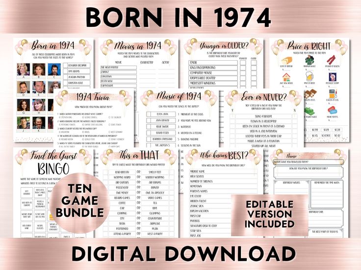 an image of the born in 1974 game bundle on a pink background with gold foil