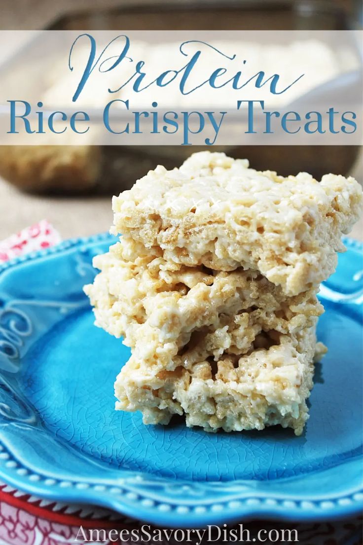 rice crispy treats stacked on top of each other with the words, protein rice crispy treats