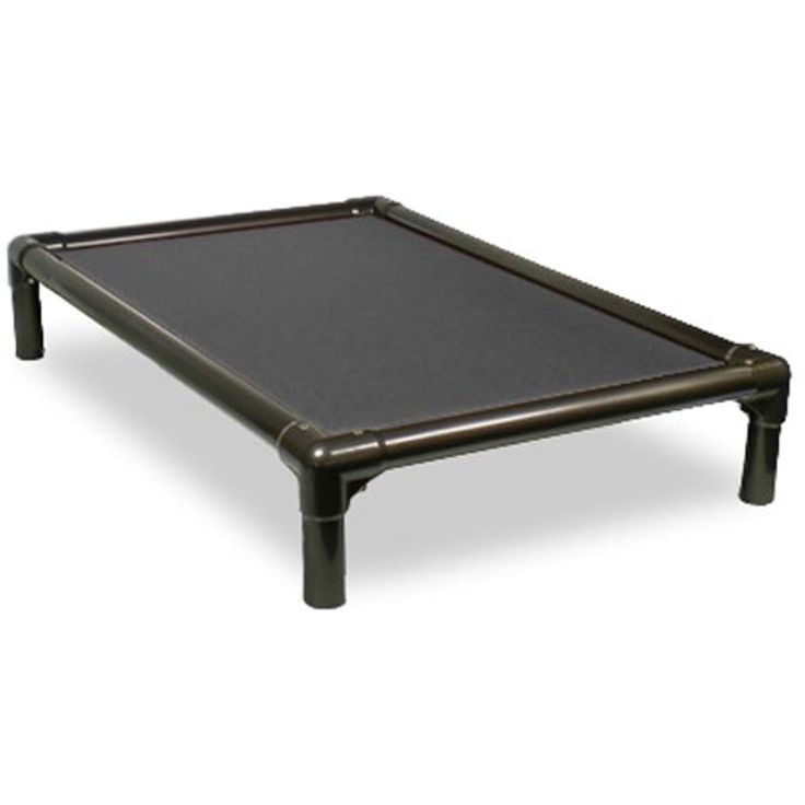 a small black bed frame with no mattress