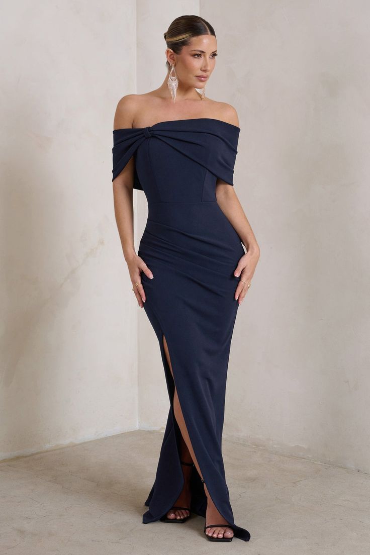 Eva Navy Bardot Bow Detail Maxi Dress With Thigh Split ��– Club L London - USA Corset Outfits, Dress Satin Bridesmaid, Eva Dress, Club L London, Bardot Neckline, Bodycon Dresses Casual, Black Dress Prom, Red Bridesmaid Dresses, Black Tie Gala