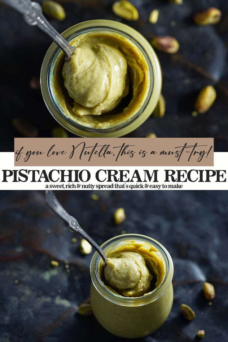 pistachio cream recipe in a jar with a spoon