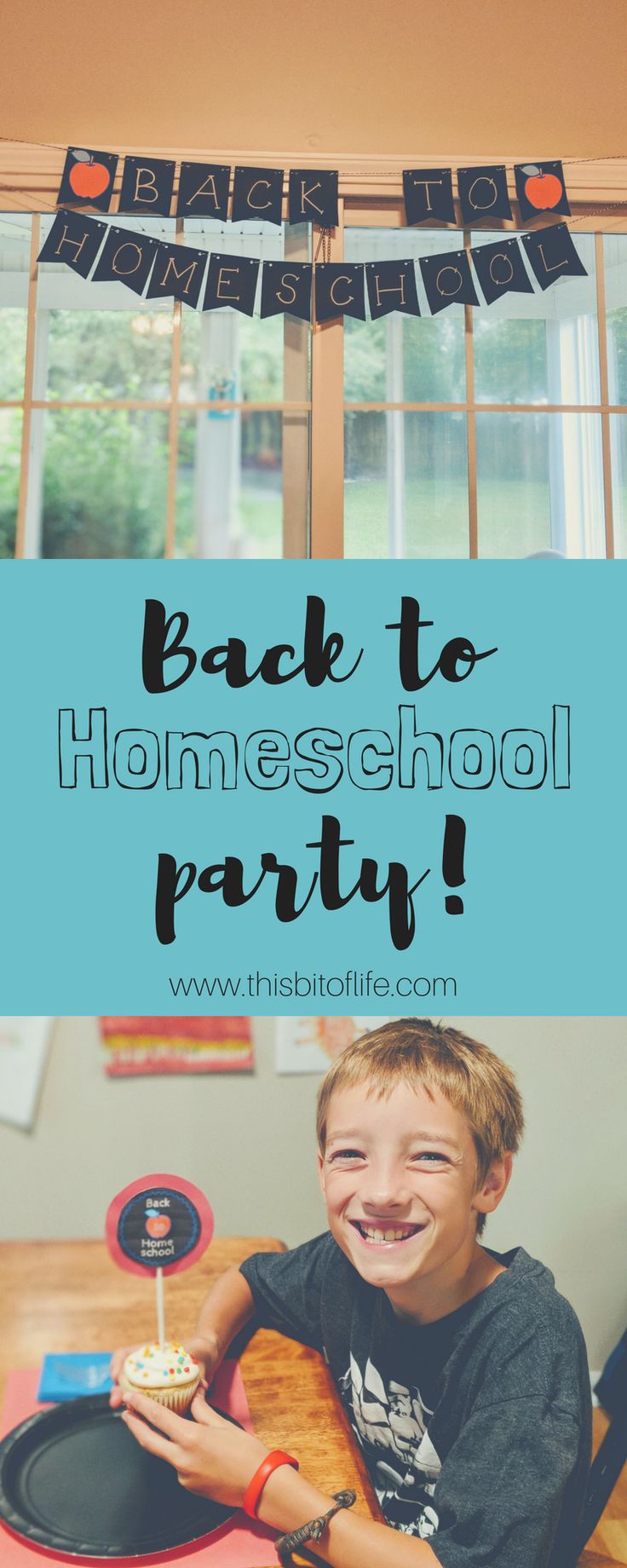 the back to homeschool party banner with a young boy smiling and holding a cake