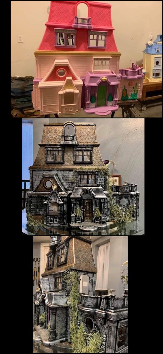 three different views of a doll house with lots of windows and balconies on the roof