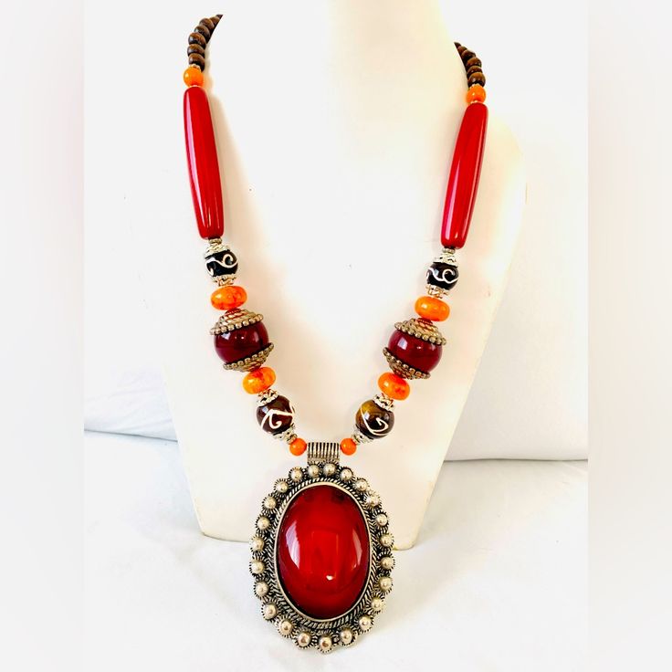 These Beautiful Himalayan Necklaces Having Unique Design Long Necklace Will Be A Perfect Touch To Your Outfit N Clothes. Traditional Red Round Pendant Jewelry, Red Bohemian Necklace With Large Pendant, Traditional Red Necklace With Round Pendant, Traditional Red Round Pendant Necklace, Red Beaded Pendant Necklace, Unique Red Necklace With Large Pendant, Red Necklace With Large Round Pendant, Handmade Red Long Necklace, Handmade Long Red Necklace