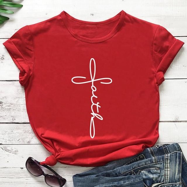 Cross Faith Christian Statement Shirt Casual Summer T-shirt With Lettering, Red Crew Neck T-shirt With Name Print, White Spring T-shirt With Lettering, White T-shirt With Letter Print For Spring, White Lettering T-shirt For Spring, Casual White T-shirt With Name Print, Spring Short Sleeve T-shirt With Lettering, Trendy Crew Neck T-shirt With Name Print, Casual Summer Tops With Name Print