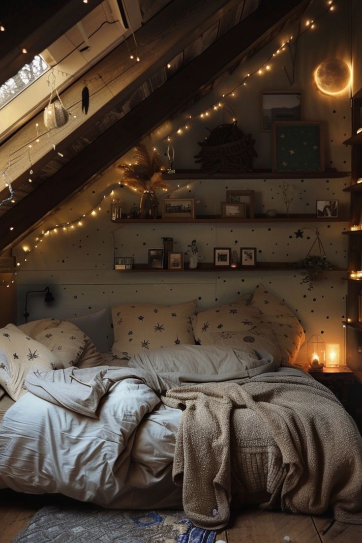 an attic bedroom is decorated with string lights