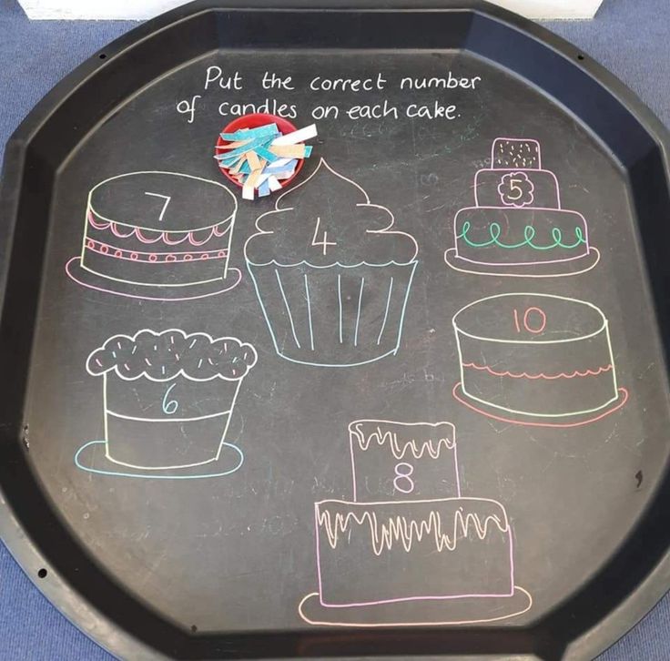 a chalk board with cakes and cupcakes on it