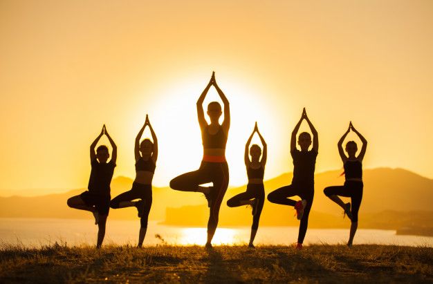 five women are doing yoga in front of the sun on a grassy hill near water