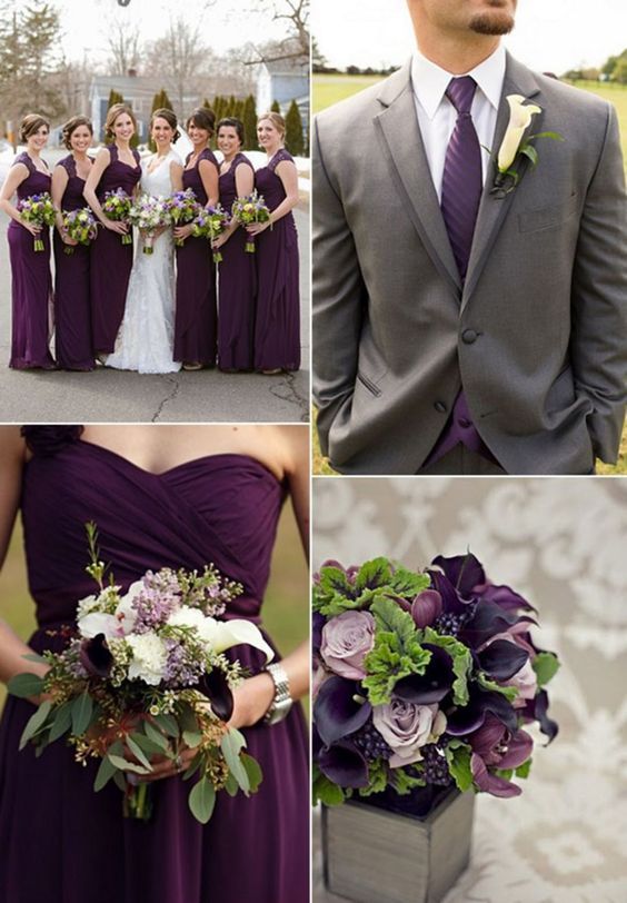 the bridesmaids are wearing purple dresses and holding bouquets in their hands, while the groom wears a gray suit