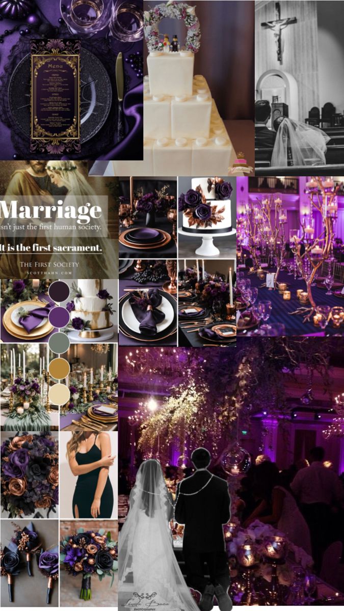 a wedding photo collage with purple and gold