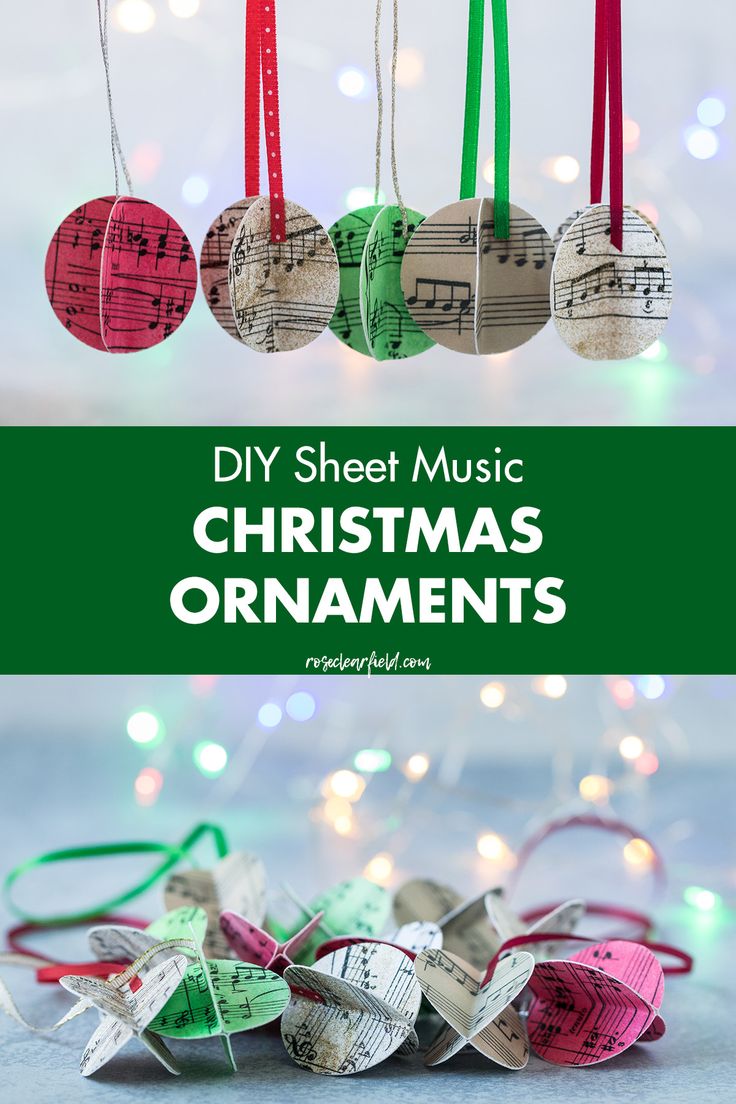 christmas ornament made out of sheet music and ribbon with text overlay that reads diy sheet music christmas ornaments