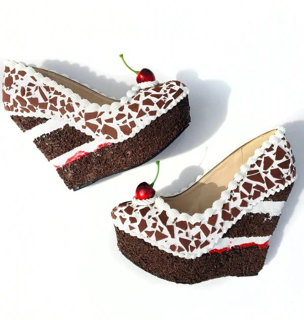 A German favorite, Black Forest Cake is an amazing inspiration for a cake heel. This shoe carries the traditional look of the cake down to chocolate shavings on the icing and topped with a cherry, enjoy! Platform: 1.5" Heel: 5.5"Materials: All man made materials**There is a current 6-8 week waiting list to complete pr Rainbow Icing, Cake Shoes, Crazy High Heels, Muses Shoes, Cake Outfit, Vanellope Von Schweetz, Dr Shoes, Icing Colors, Black Forest Cake