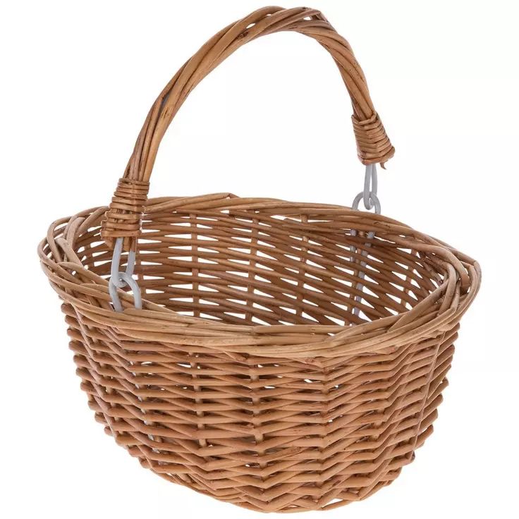 a wicker basket hanging from the side with two handles on each side and one handle at the top