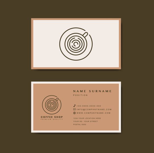 a business card with a coffee shop logo on the front and bottom, along with a brown background