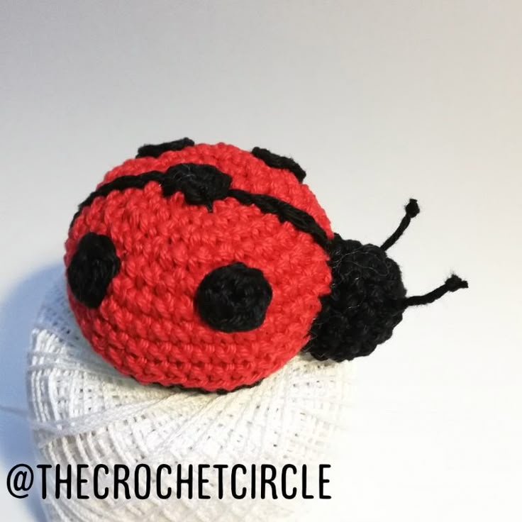 a crocheted red and black ladybug sitting on top of a white object