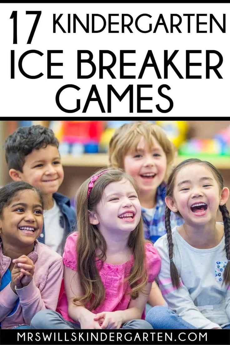 children smiling and laughing with text overlay that reads 17 kindergartn ice breaker games