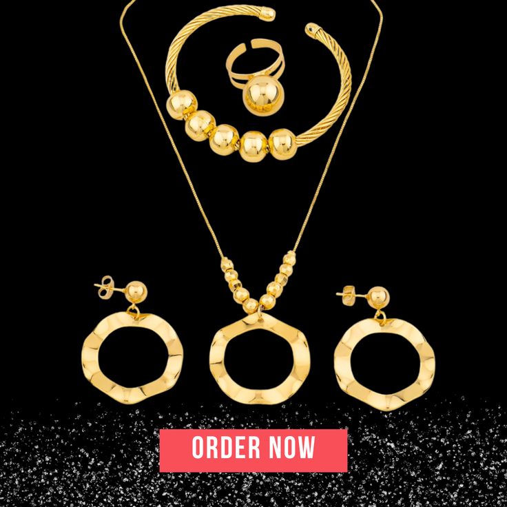 Fashion Ethnic Jewelry Set for Women - the perfect addition to any woman's jewelry collection! This beautiful set features a stunning gold color by Ethiopian African fashion. The intricate beadwork on the earrings and necklace adds a touch of elegance and sophistication to your look. Invest in our Fashion Jewelry Set for Women and add a touch of luxury to your jewelry collection! Type: Dubai Gold Color Jewelry Set Style: TRENDY Metals Type: Copper Material: Metal Jewelry Sets Type: Necklace/Earr Elegant Gold Jewelry With Gold Beads, Elegant Gold Metal Jewelry, Gold Jewelry Sets As Gift, Party Jewelry In Gold-tone With Gold Beads, Yellow Gold Round Jewelry Sets, Gold Jewelry With Round Beads For Gift, Gold Metal Jewelry With Round Beads, Yellow Gold Jewelry With Round Beads For Party, Elegant Gold-plated Gold Necklace