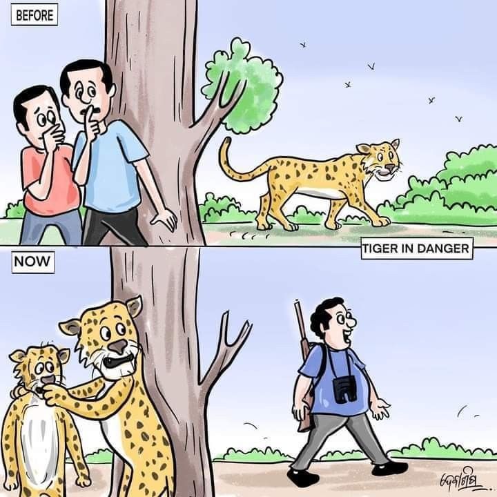 two cartoon pictures with people walking in front of a tree and a tiger on the other side